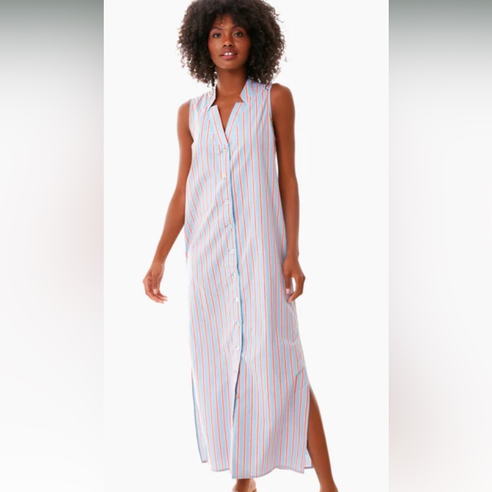 Pomander Place Sleeveless Striped Maxi Dress in White with Blue and Red Stripes